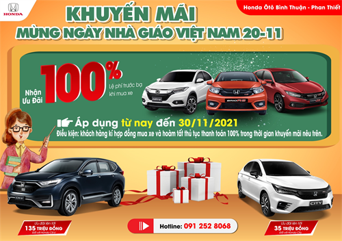 Khuyến mãi Mừng Ngày Nhà Giáo Việt Nam 20-11 hỗ trợ lệ phí trước bạ 100%